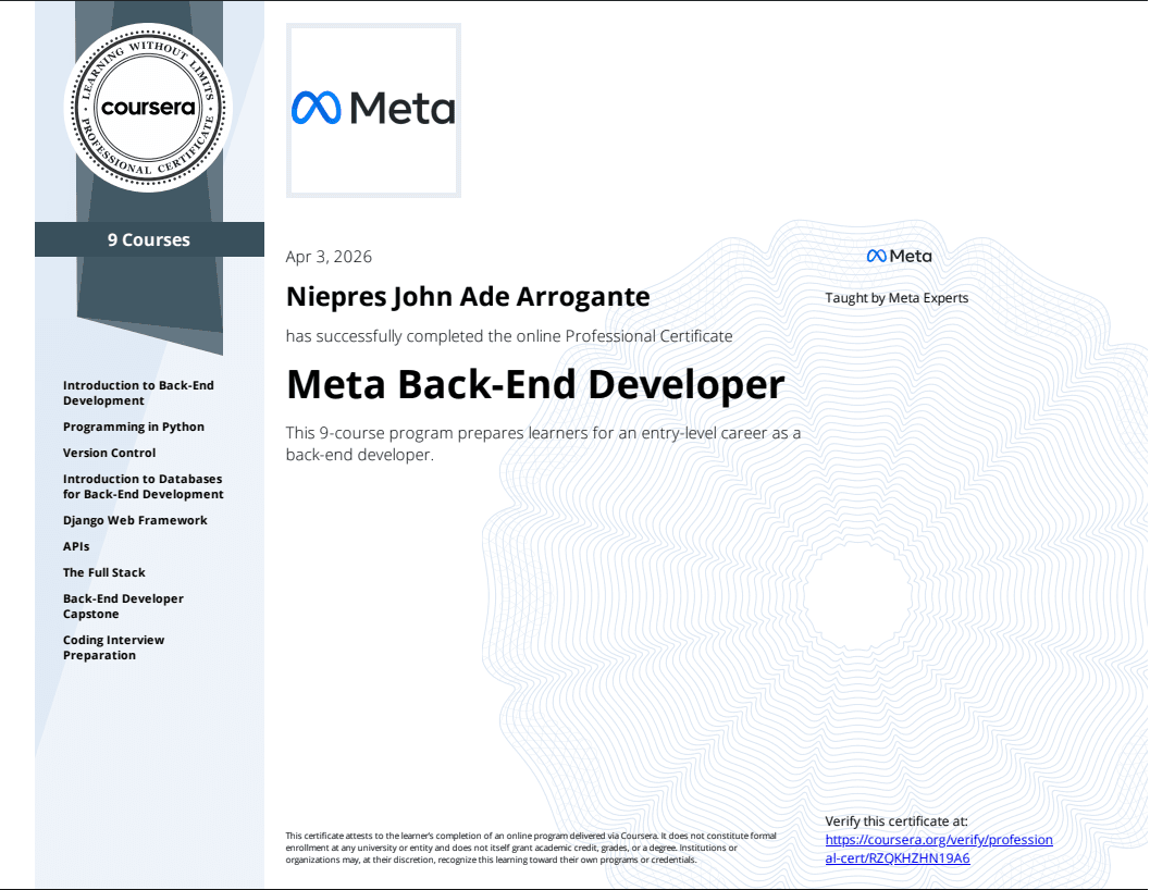 Meta Back-End Developer certificate