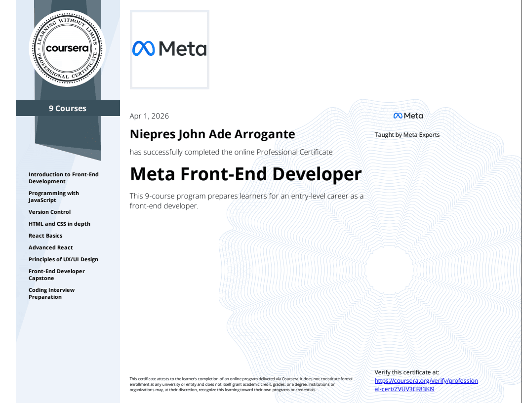 Meta Front-End Developer certificate